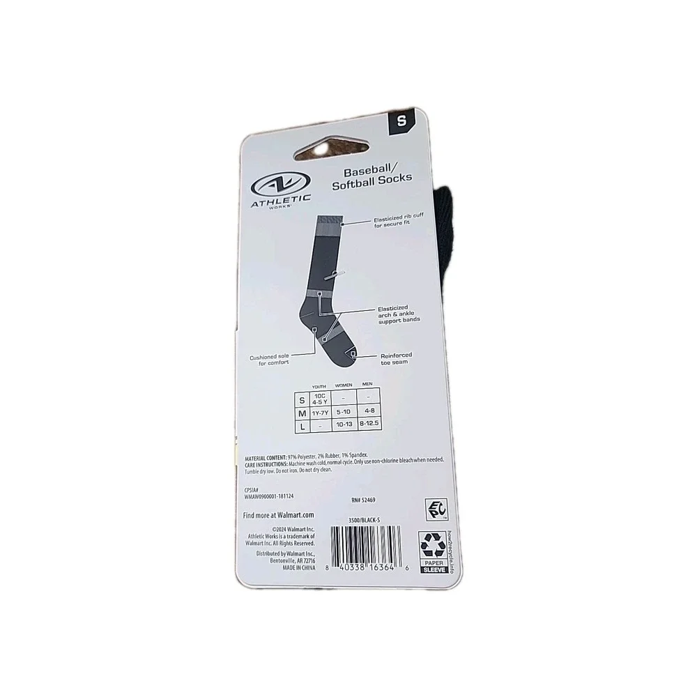 Athletic Works Youth Baseball/Softball Socks‎ Unisex 2 pair, Black S